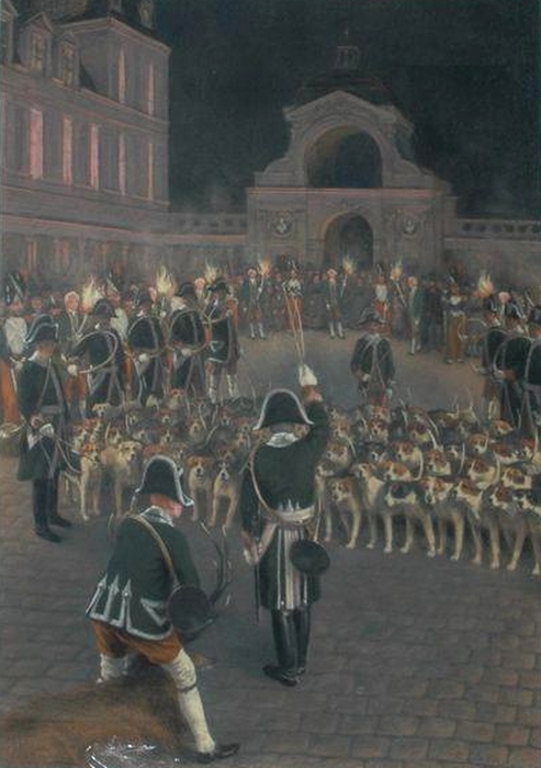 Curée aux flambeaux dans la cour du château de Fontainebleau - Second Empire - © Joconde - Senlis - Musée de la Vènerie